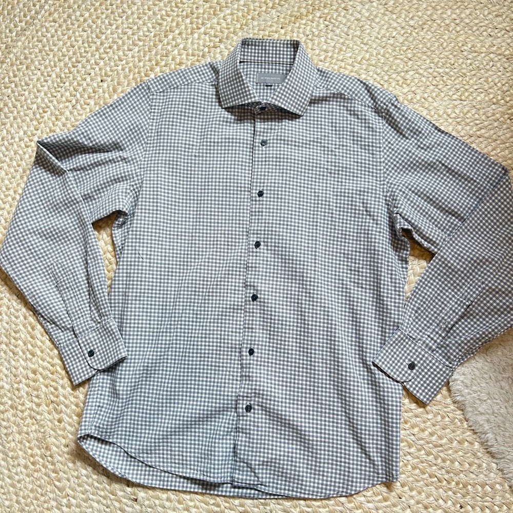 Neiman Marcus M gray white checkered style long sleeve dress top shirt cotton